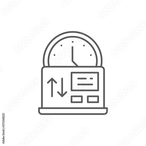Clock with laptop, worker hours, part time job lineal icon. Time management symbol design.