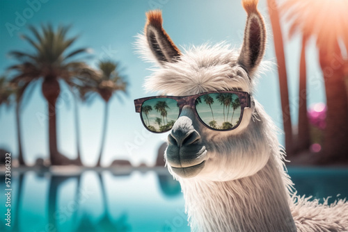 Funky holidays expert lama chilling at luxury resort. Generative AI photo