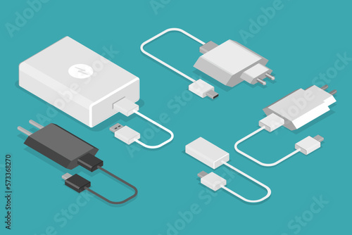 3D Isometric Flat Vector Set of Mobile Phone Chargers, Powerbank and Charging Equipment