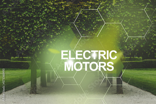 Electric car and EV electrical energy for environment, Ecosystem safe environment. EV electrical energy — Clean tidy park with green trees.