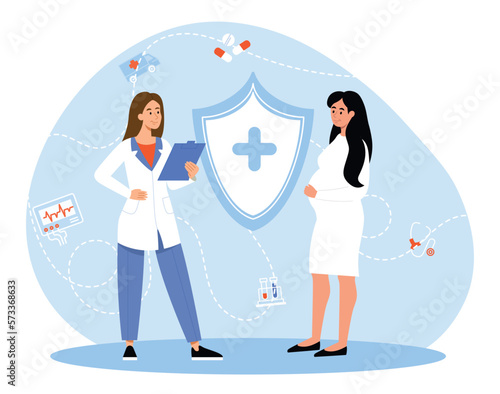 Medical insurance concept. Women on background of shield with cross, health care. Financial literacy and transaction. Medicine for pregnant young girl in dress. Cartoon flat vector illustration
