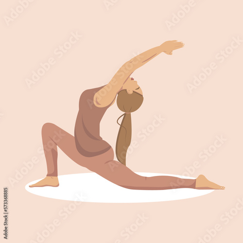 Young woman doing yoga stretching exercise in pastel colors illustration