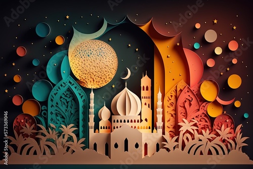 illustration of mosque with papercut style, moon and star at the backhround. Generated with AI. Suitable to use for Ramadan or Eid al-Adha and Eid al-Fitr event	