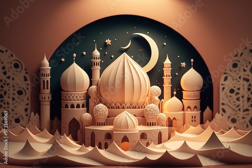 illustration of mosque with papercut style, moon and star at the backhround. Generated with AI. Suitable to use for Ramadan or Eid al-Adha and Eid al-Fitr event	