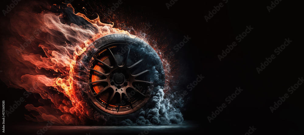 Burnout tire flames and smoke, drifting wheels concept art, highs speed
