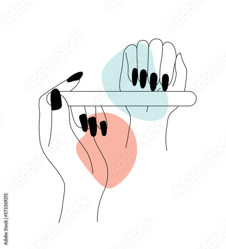 Female hands with nail file. Young girl equalizes her fingernails, manicure and beauty treatments in salon. Professional eequipment, accessories. Cartoon flat vector illustration