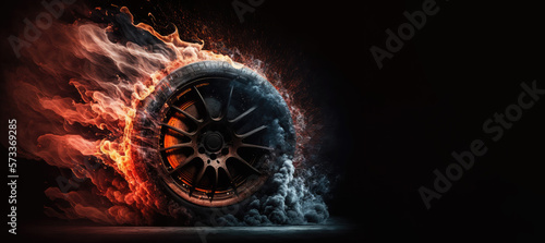 Burnout tire flames and smoke, drifting wheels concept art, highs speed wheel on fire, generative ai