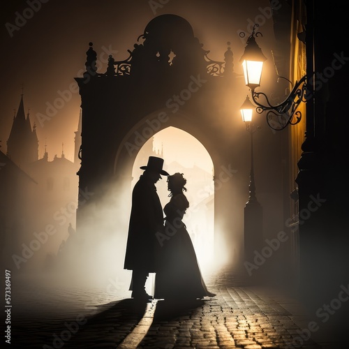 Leinwand Poster Victorian Couple walking in rainmisty Prague