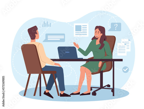 Job interview concept. Man answers womans questions, HR manager talks to candidate. Recruitment to company, staff expansion. Skilled and experienced career laborer. Cartoon flat vector illustration