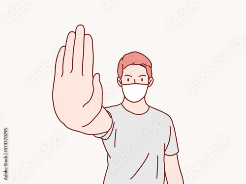 Man serious say no stop sign gesture hand with mask simple korean style illustration