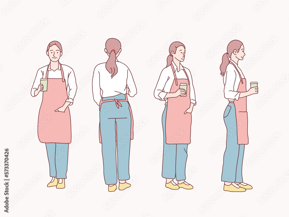 Woman coffee barista waitress 360 front side back rear views simple korean style illustration Woman coffee barista waitress 360 front side back rear views simple korean style illustration