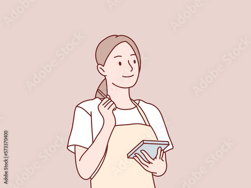 Charming woman waitress wearing an apron holding a taking note menu simple korean style illustration