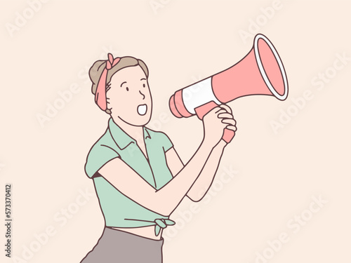 Retro woman shouting and screaming megaphone with two hand simple korean style illustration