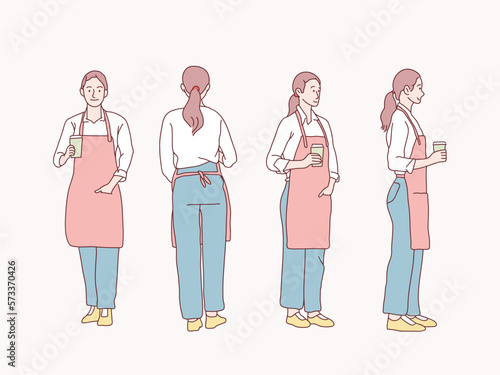 Woman coffee barista waitress 360 front side back rear views simple korean style illustration