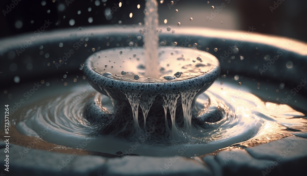 A close-up of a small fountain with water droplets falling into a pool A close-up of a small fountain with water droplets falling into a pool