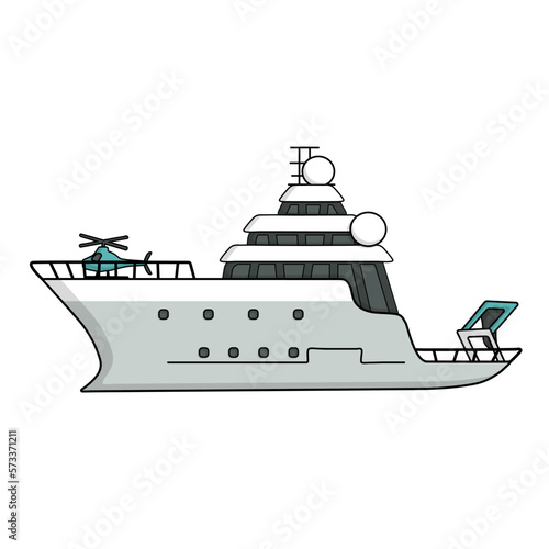 Research vessel for sea exploration, expedition ship with helicopter vector illustration
