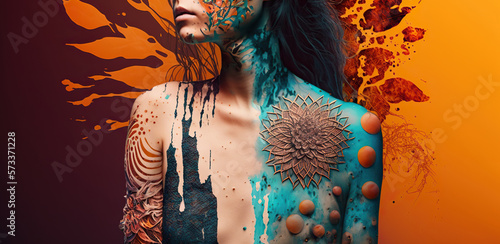Body skin problems in boho style on a colored background, concept of Boho Chic and Dermatology, created with Generative AI technology