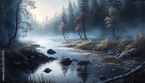 A misty morning with a river flowing through a forest