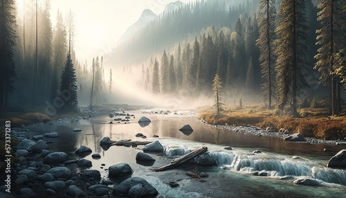 A misty morning with a river flowing through a forest