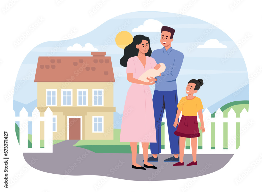 Happy family near home. Man and woman with girl and newborn on street on summer or spring day. Mother and father with children. Happy people near entrance to building. Cartoon flat vector illustration Happy family near home. Man and woman with girl and newborn on street on summer or spring day. Mother and father with children. Happy people near entrance to building. Cartoon flat vector illustration