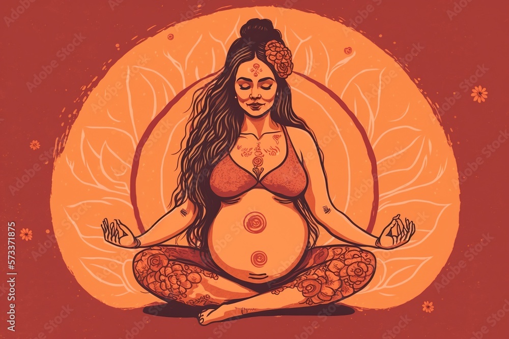 Pregnant yoga in boho style on a colored background, concept of