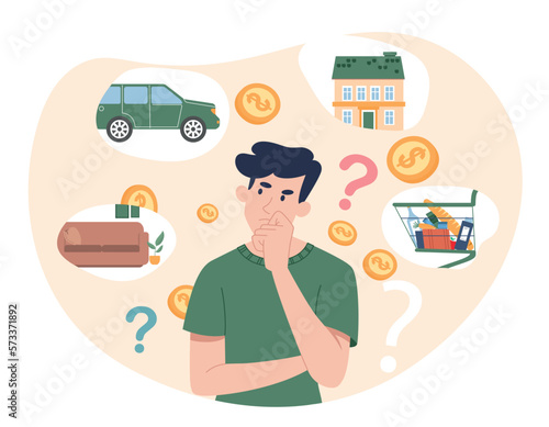 Cost planning concept. Pensive man evaluates his budget and cost of groceries, thinks about buying car and house. Analysis of expenses and income, financial literacy. Cartoon flat vector illustration
