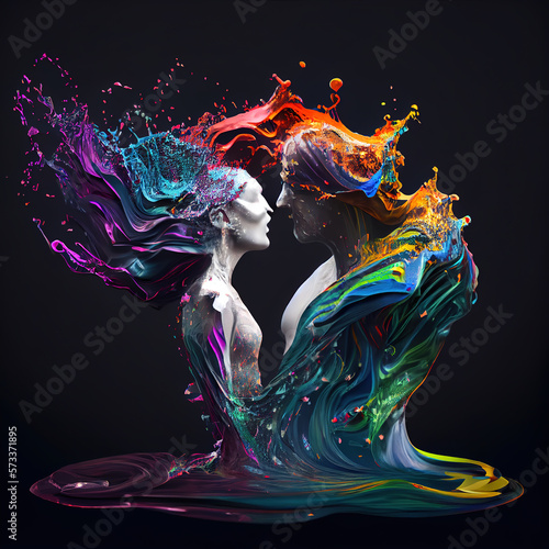 Lovers dance on a rainbow splash, Generative AI illustration