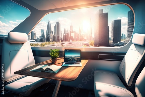 A modern vehicle interior with a white table, a laptop, and a stunning view of a futuristic cityscape through the window, generative ai