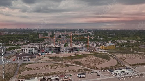 24 FPS Aerial shot from the construction area by the beach in Kijkduin, The Hague, Netherlands, at sunrise photo