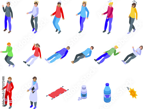 Fainting icons set isometric vector. Person accident. Sleep man
