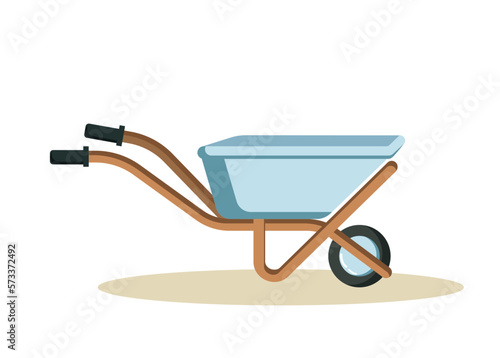 Iron wheelbarrow concept. Cart for transportation of heavy objects. Farm equipment, agriculture. Gray empty barrow for garden and building. Cartoon flat vector illustration