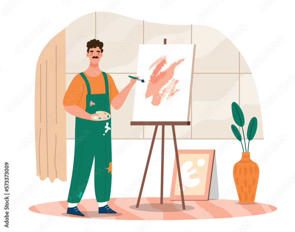 Fototapeta premium Artist paints concept. Men with brushes and paints near canvas. Art and creativity. Young guy in studio, workshop. Drawing and artwork, artist indoor with easel. Cartoon flat vector illustration