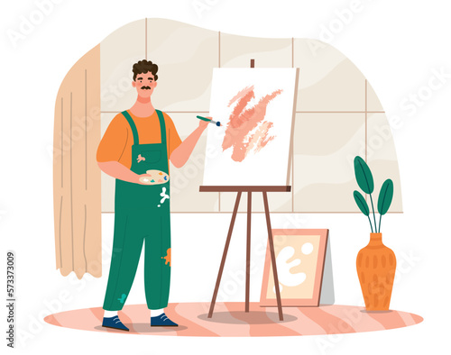 Artist paints concept. Men with brushes and paints near canvas. Art and creativity. Young guy in studio, workshop. Drawing and artwork, artist indoor with easel. Cartoon flat vector illustration