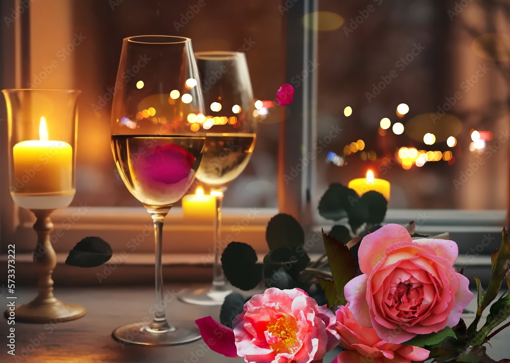 glasses of wine , Roses flowers,petal and candles blurred light on table Romantic Background for Valentine day glasses of wine , Roses flowers,petal and candles blurred light on table Romantic Background for Valentine day