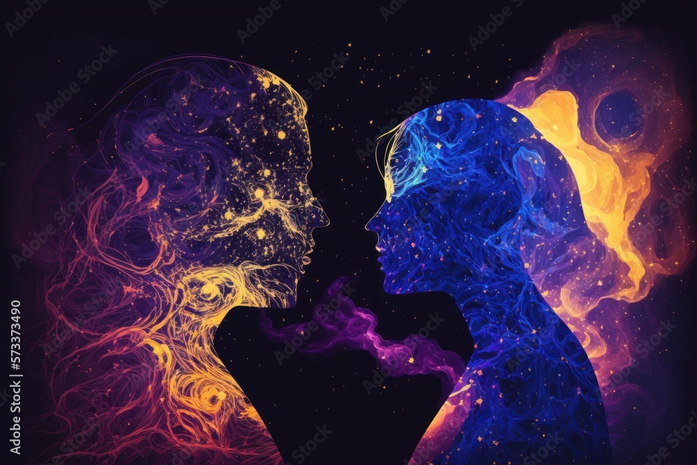 Abstract Cosmic Love: Man and Woman Silhouettes Embraced in Astral Body, generative ai