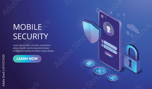Mobile security concept. Internet security and antivirus to prevent hacker attacks and protect personal data. Gadget and device. Profile and account safety. Cartoon isometric vector illustration