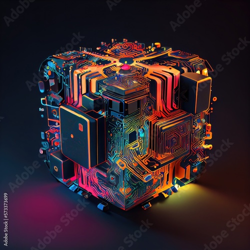 Render of a high tech rubix cube on dark background, generative ai photo