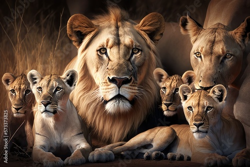 Illustration of a portrait of lions family, safari, Africa , generative ai