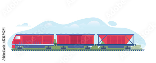 Logistic transport train concept. Railway and transport for transportation of large loads and parcels, delivery to another city and country. Poster or banner for site. Cartoon flat vector illustration