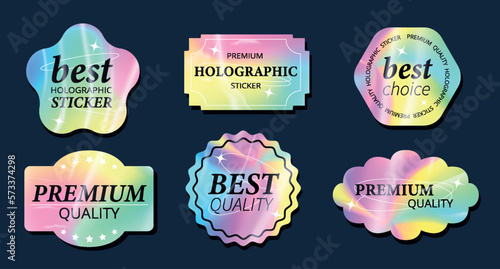 Holographic stickers set. Collection of graphic elements for website. Abstract geometric shapes, best quality and premium choice. Cartoon flat vector illustrations isolated on dark background