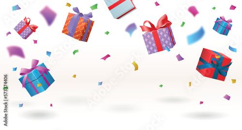 Gift and confetti banner. Present and surprise, discounts and promotions, special offer. Prizes and gifts, online shopping. Poster or banner for website. Realistic isometric vector illustration