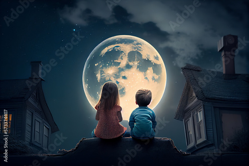 Kids sitting on roof at night and little boy and girl looking at full moon on sky