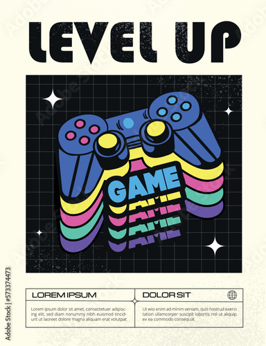 Game poster concept. Joystick, controller and gamepad in retro style, abstract creativity and art. Back to 80s and 90s. Level up in video game. Cartoon flat vector illustration