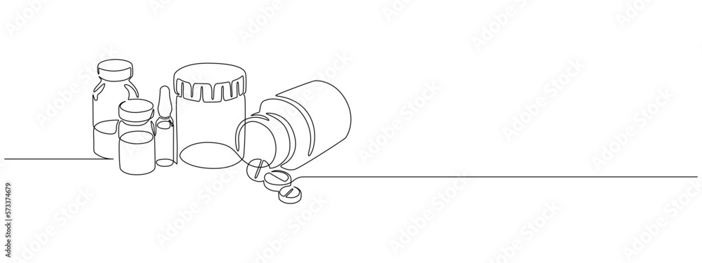 One continuous line drawing of medicine set with pills. Pharmaceutical components and capsules in container with drugs symbols in simple linear style. Editable stroke. Doodle vector illustration - obrazy, fototapety, plakaty 