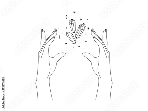 Magic hands with healing crystal in trendy linear minimal style. Logo and icons design template for cosmetics or beauty products. Esoteric and mystical design elements. Doodle vector illustration