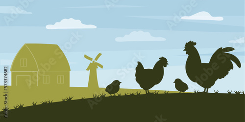 Chicken on farm banner. Agriculture and rural landscape, village with animals. Flora and fauna, wild life. Windmill and house silhouettes. Ranch and farmyard. Cartoon flat vector illustration