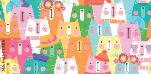 Cats crowd seamless pattern. Repeating design element for printing on fabric. Multicolored kittens, emotions. Creativity and art, diversity metaphor. Cartoon flat vector illustration