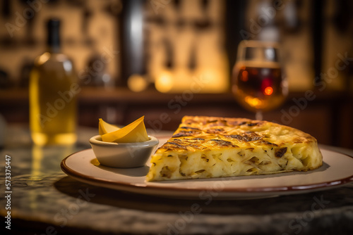 Traditional spanish omelette on wooden table in a restaurant, generative ai. photo