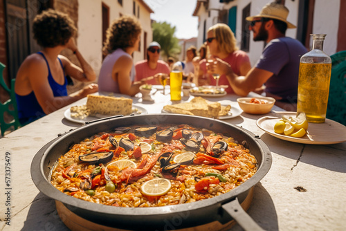 People in th Spanish terrace with Spanish paella with seafood served in a pan. Fresh Shrimp, Scampi, mussels, squid, octopus and scallops. Spanish typical, comida española, generative ai photo