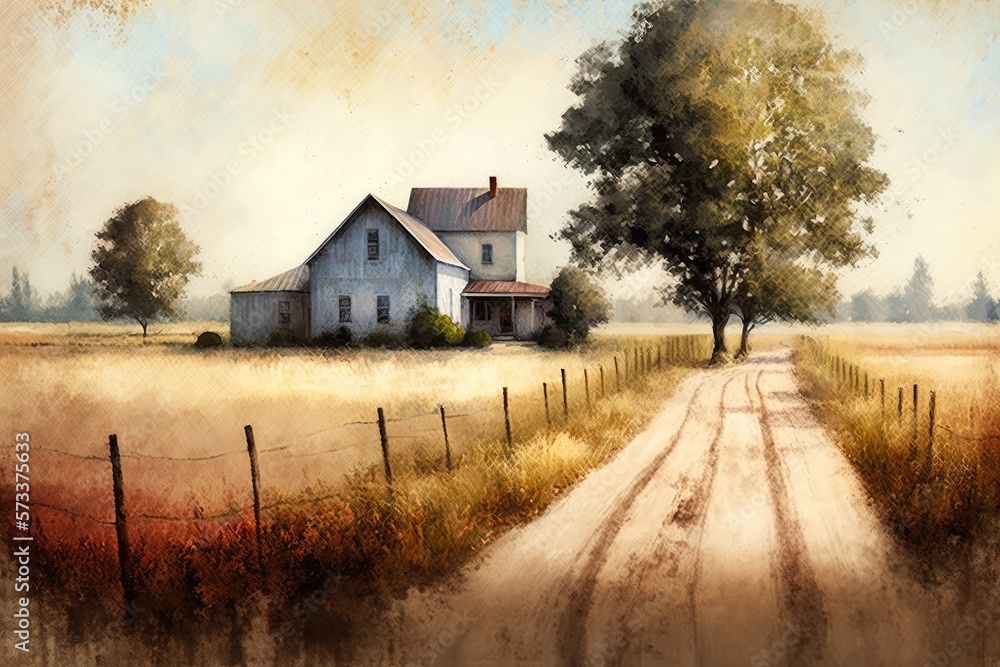 Vintage impressionist old farm house in a field in the morning. Oil